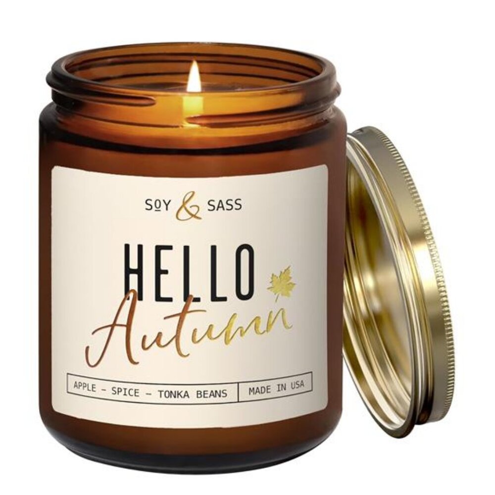Fall Candles - 'Hello Autumn' Fall Candle w/Apple, Cinnamon & Nutmeg I Infused